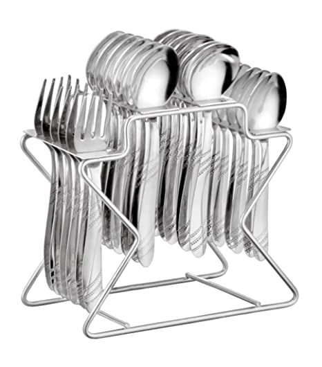 Picture of Parage Miracle Stainless Steel Cutlery Set- Set of 25 (Contains: 6 Spoons, 6 Forks, 6 Tea Spoons, 6 Soup Spoons, 1 Stand), Cutlery Set for Dining Table Stylish, Silver